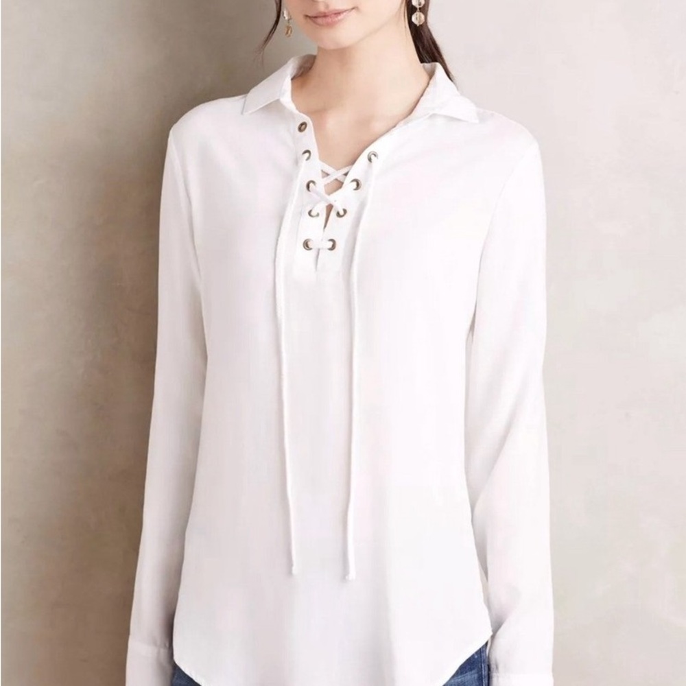 Anthropologie CLOTHI & STONE WOMENS WHITE-LACE --Up HENLEY BLOUSE